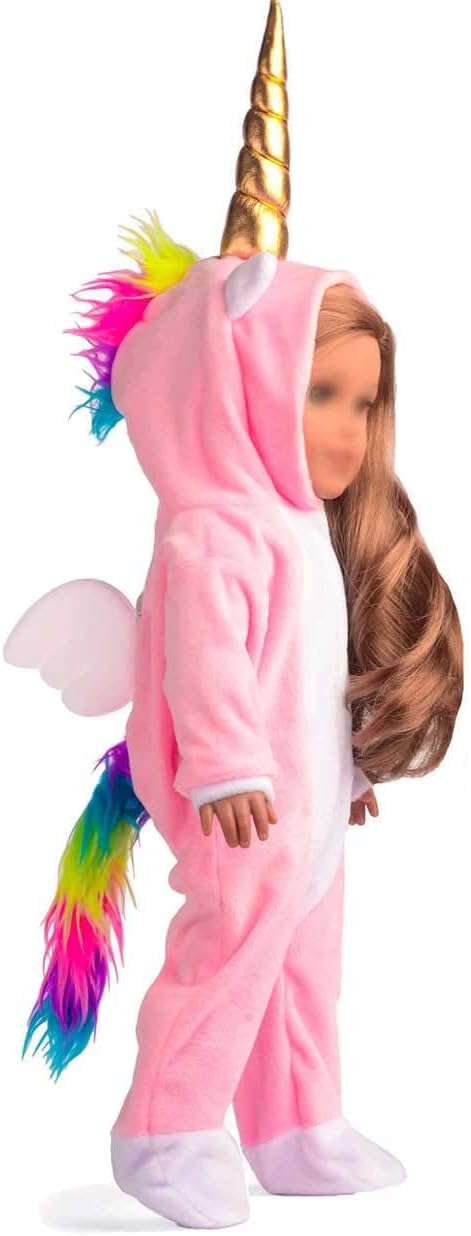 18 Inch Doll Clothes Unicorn Onesie Pajamas Rainbow Color Hair Bow Clips Costume Fits 18 Inch Doll (Doll Not Included)