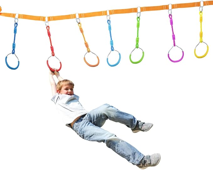 8 Colorful Ninja Ring Fitness Gymnastic Ring Outdoor Backyard Playground Training Equipment Play Set, Funny Jungle Gym Fist Hanging Swing Monkey Bars Ninja Warrior Obstacle Course Trapeze Accessories