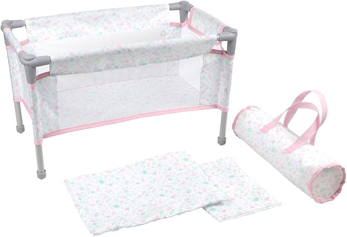 JC Toys - Berenguer Boutique | Travel Folding Crib - Playpen with Accessories | Pink Floral Collection | for Dolls up to 18" | Ages 3+
