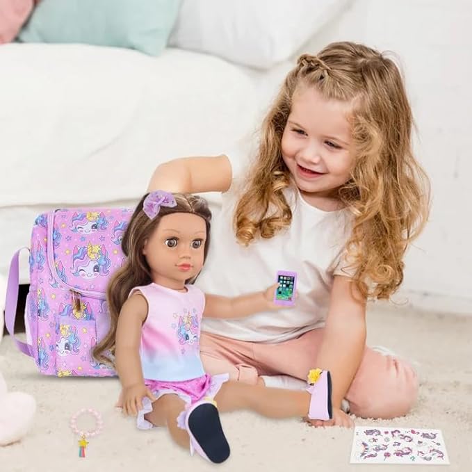 UNICORN ELEMENT 18 Inch American Doll Unicorn Seated Backpack Set and Accessories Include Clothes,Carrier,Shoes,Cell Phone,Stickers Totol 9 pcs(Doll Not Included)