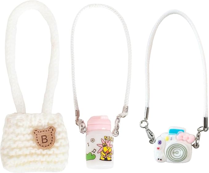 3pcs Doll Accessories Set Included White Knitted Bag, Purple Camera Charm & White Water Charm Dress Up Accessories for 17cm Doll, Mini Costume Supplies