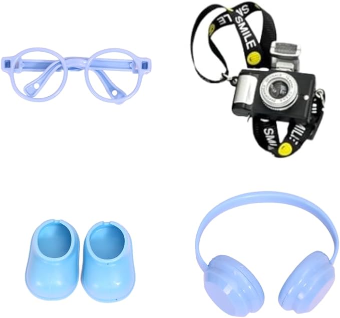 17cm Doll 4-Piece Fashion Accessory Set: Mini Glasses, Camera, 3D Printed Headphones & Mini Shoes - Perfect for Dress-Up - Mini Costume Supplies (Set of Blue)