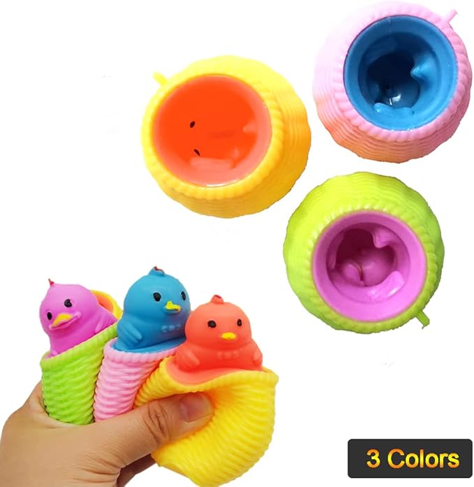 Chick Stress Squeeze Toy 3 Pack Cute Animal Pop Out Funny Toys Anti Stress Soft Sensory Toys for Adults Kids Boys Girls Easter Gifts (Boxed)