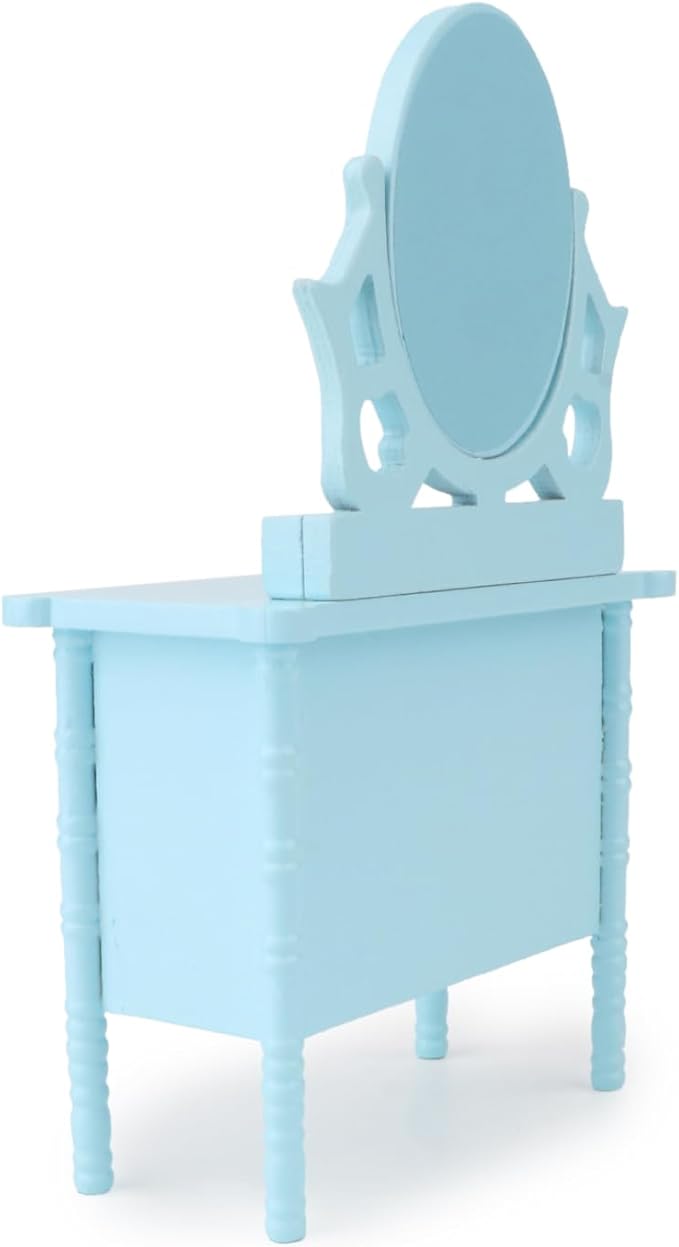Miniature Dollhouse Vanity Table 1 12 Furniture Makeup Dressing Table with Mirror and 4 Drawers Mini House Accessories Bedroom Living Room Scene Decoration (Blue)