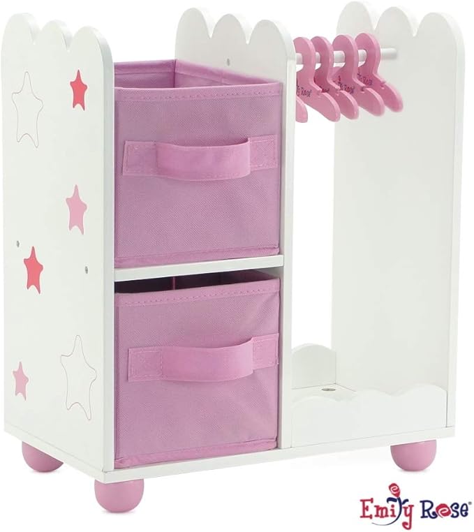Emily Rose 14 Inch Doll Furniture - Open Wardrobe Closet with Hangers & Storage Bins - Wooden Organizer for Wellie Wishers, Glitter Girls & 14” Dolls
