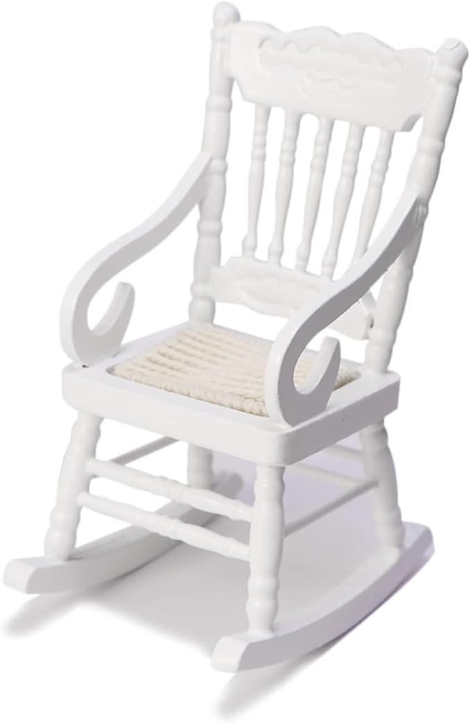 Dollhouse Miniature Rocking Chair 1:12 Scale Wooden Furniture Accessories Tiny Mini House Home Outdoor Decoration Model Living Room Scene Christmas Craft Displays (White)