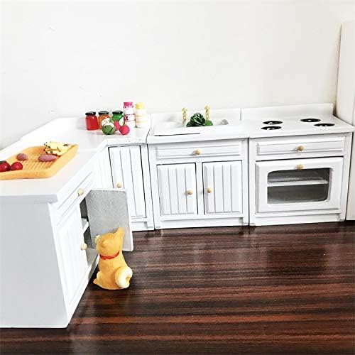 Dollhouse Decoration Accessories,1:12 Dollhouse Miniature Furniture Wooden Kitchen Cabinet Set Freely Combined (White)