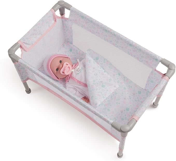 JC Toys - Berenguer Boutique | Travel Folding Crib - Playpen with Accessories | Pink Floral Collection | for Dolls up to 18" | Ages 3+