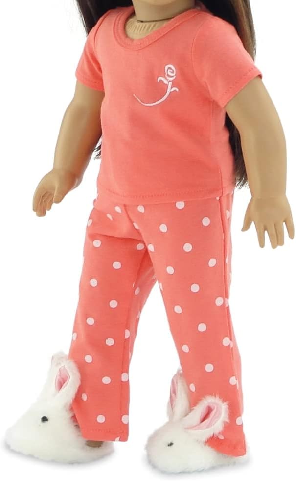 Emily Rose 18 Inch Doll Clothes Coral Polka Dot Pajamas PJs Gift Set, with Bunny Slippers! | Gift Boxed! | USA Brand | Compatible with American Girl Dolls - Doll NOT Included