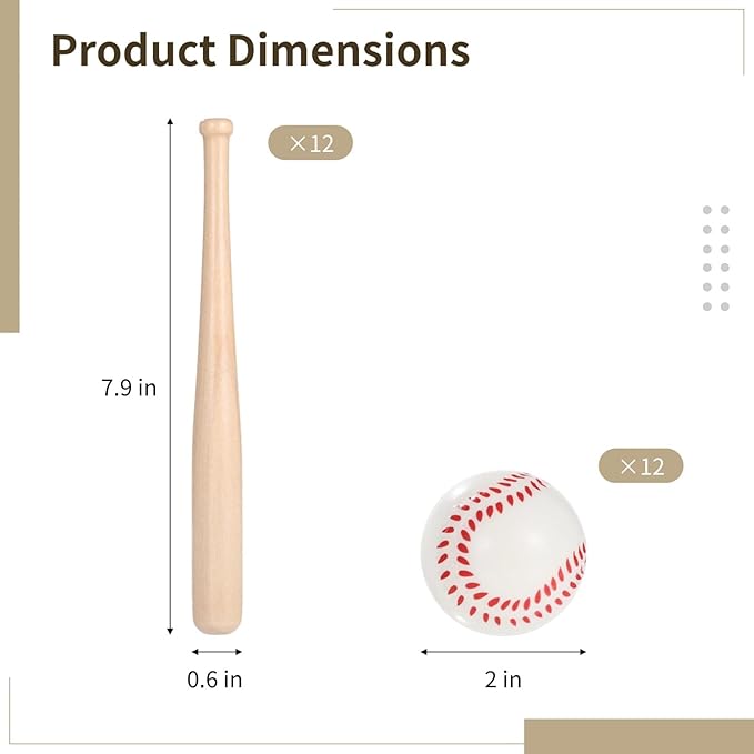 24PCS Mini Baseball Bats Mini Foam Sports Balls, 7.9 in Small Wooden Baseball Bats, 2 in Foam Baseball Balls, DIY Paintable Wood Bat for Baseball Party Supplies Sports Theme Decoration (24PCS)