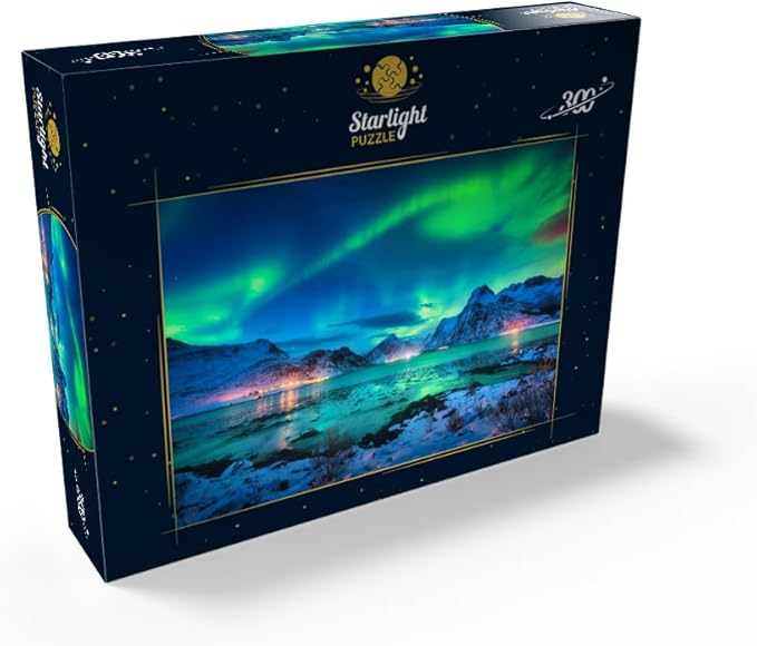 MyPuzzle Aurora Borealis Over Sea Coast, Lights At Night. Northern Lights On Lofoten Islands, Norway - Premium 300 Piece Jigsaw Puzzle for Adults