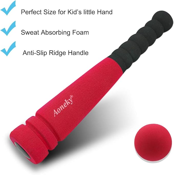Aoneky Soft Foam Baseball Bat and Ball Set for Toddlers 1-3, 11.8 Inch All-Foam Safety T Ball Toy for Indoor Outdoor Play, Lightweight Mini Bat with Easy Grip (Red)