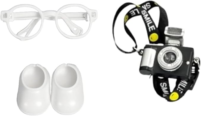 17cm Doll 3-Piece Fashion Accessory Set: Mini Glasses, Camera & Mini Shoes - Perfect for Dress-Up - Mini Costume Supplies (Set of White)