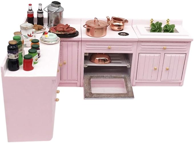 Dollhouse Decoration Accessories,1:12 Dollhouse Miniature Furniture Wooden Kitchen Cabinet Set Freely Combined (Pink)