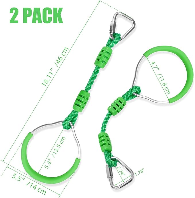 Ninja Jungle Ring Warrior Obstacle Course Trapeze Climbing Fist Swing Playset, 2 Pcs Green Fitness Gymnastic Rings Hanging Monkey Bars Indoor Outdoor Backyard Playground Gym Workout Training Equipment