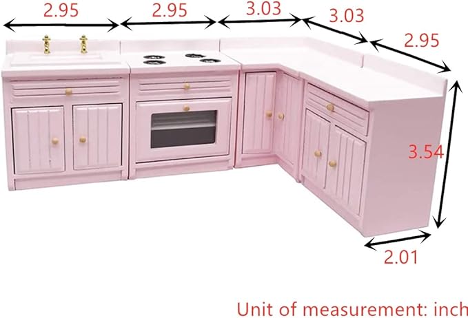 Dollhouse Decoration Accessories,1:12 Dollhouse Miniature Furniture Wooden Kitchen Cabinet Set Freely Combined (Pink)