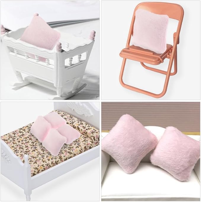 Vaguelly 4pcs Dollhouse Pillow Accessories Miniature Throw Pillows, Armchair, Bedding Set in Pink Flannel