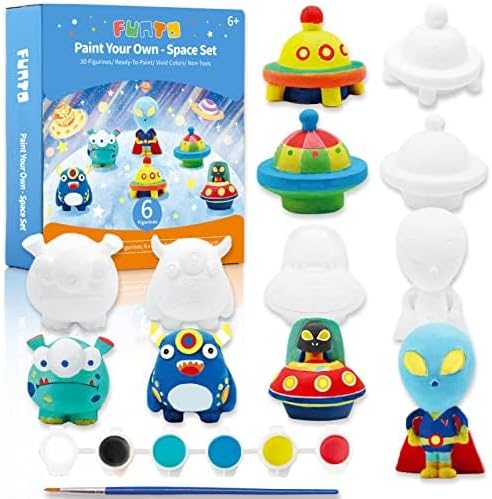 Funto Paint Your Own Space Kit Painting Kit, 13 PCS Crafts Set for Kids, STEAM Project Creative Activity DIY Toys with 6 Figurines, 6 Paint Pots, 1 Brush