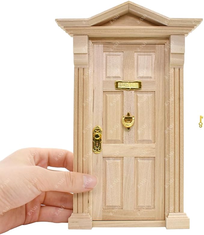 iLAND Classic Wooden Dollhouse Door of 1/12 Scale Accessories, Dollhouse Building Supplies Set of Miniature Door with Trim, Handle & Knocker, Colorable and Realistic for Modern and Antique Doll House