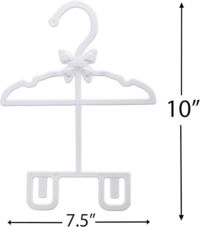 Dress Along Dolly Doll Full-Outfit Clothes Hangers for 18" Doll Clothes- 12pk Unique Design Compatible w American Girl Holds Your Top & Bottom at Once Including Dresses, Pants, Shirts, Skirts - White