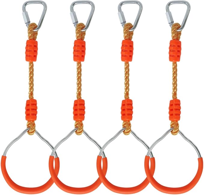 Fitness Gymnastic Ring Swing Monkey Bar Fists Trapeze Obstacle Course For Backyard Outdoor Indoor Jungle Home Gym, 4 Pack Orange Hang Ninja Rope Rings Warrior Accessories Playground Training Equipment