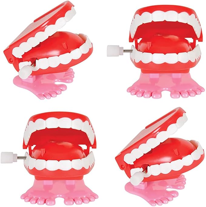 The Dreidel Company Wind Up Teeth Chomping & Chattering Teeth Toys for Kids Birthday Party Favors, Novelty and Gag Gifts, 1.75" Inches (4-Pack)