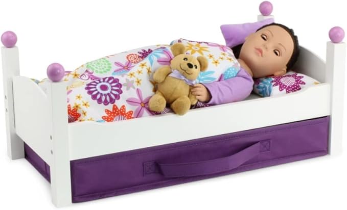 Emily Rose 18 Inch Doll Furniture - White Stackable Wooden Bed Set with Colorful Bedding & Large Clothes and Accessories Storage Bin | Fits American Girl Dolls