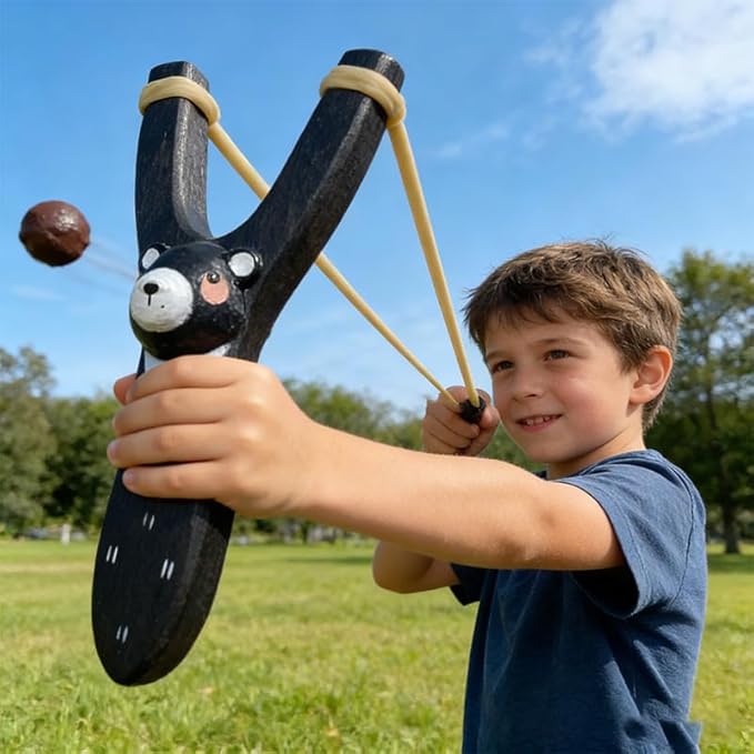 LINJAY Handmade Solid Wood Slingshot with Custom Engraving, Includes Clay Balls & Pompoms - Target Shooting & Outdoor Activity Toy for Kids & Adults, Ideal Children's Gift
