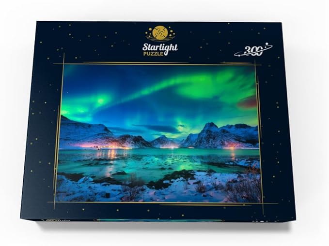 MyPuzzle Aurora Borealis Over Sea Coast, Lights At Night. Northern Lights On Lofoten Islands, Norway - Premium 300 Piece Jigsaw Puzzle for Adults