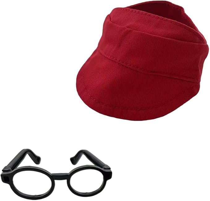for Labubu Doll Accessories Set, 4 Colors Options Camouflage Bucket Hat and Black Sunglasses Frame(no Lenses) Casual Cap (Red)
