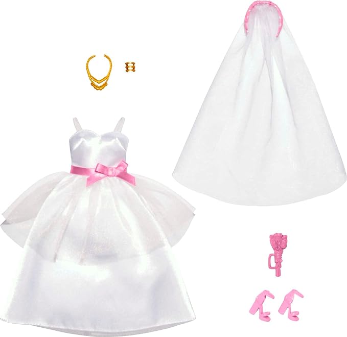Barbie Clothes Set, Fashion & Accessories Pack for Barbie Dolls, Bridal Theme with Wedding Dress, Veil, Bouquet, Shoes & Jewelry