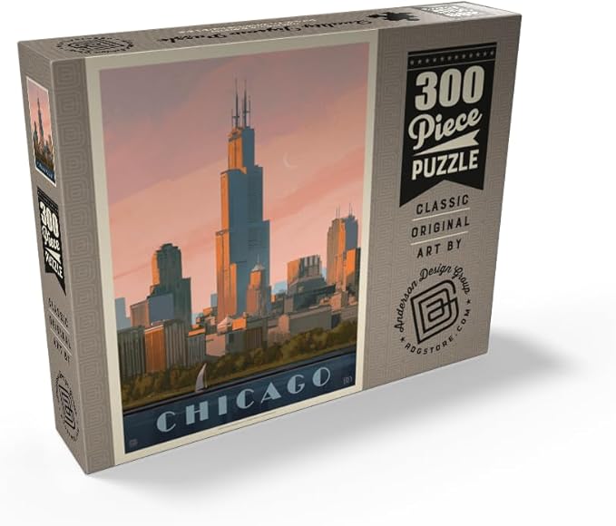 MyPuzzle Chicago Skyline: Lake Michigan, Vintage Poster - Premium 300 Piece Jigsaw Puzzle for Adults