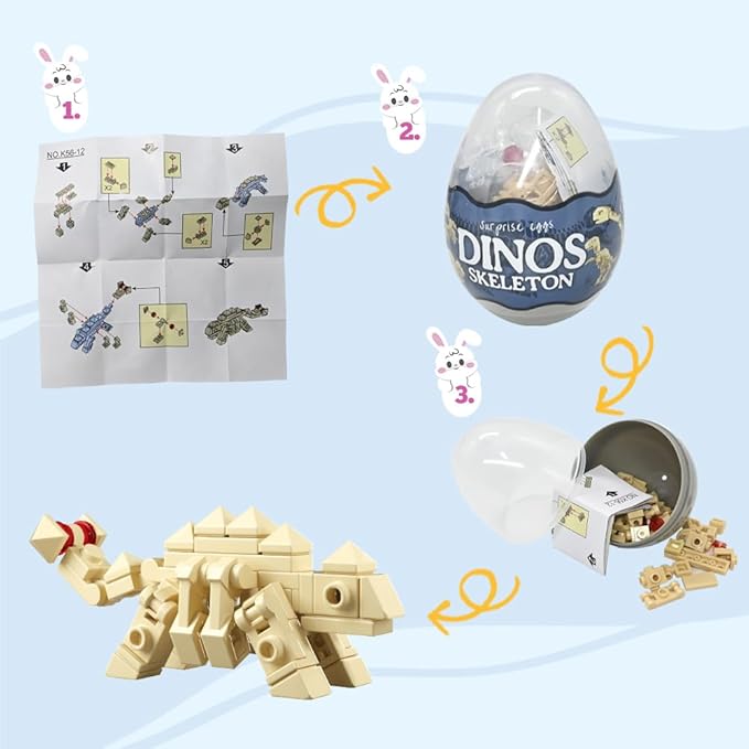 UMEELR 12Pcs Pre Filled Easter Eggs Dinosaur Skeleton Building Blocks, 12 in 1 Easter Eggs for Kids Easter Egg Hunt, Easter Basket Stuffers Filler, Easter Party Favor Supplies
