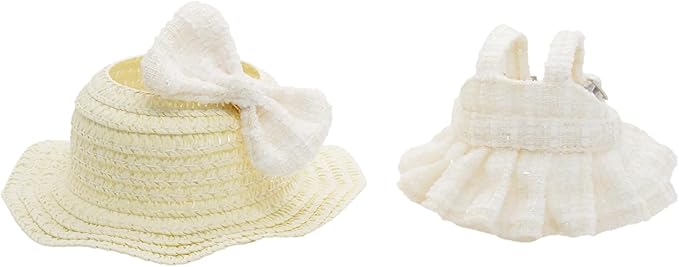 Doll Clothes for 17cm Dolls, Premium Handmade Fashion Clothes 3 Piece Set Including a Weaving Hat, Clothes and Bow with High-End Dolls Accessories for Play & Display - Pure White (No Doll No Logo)