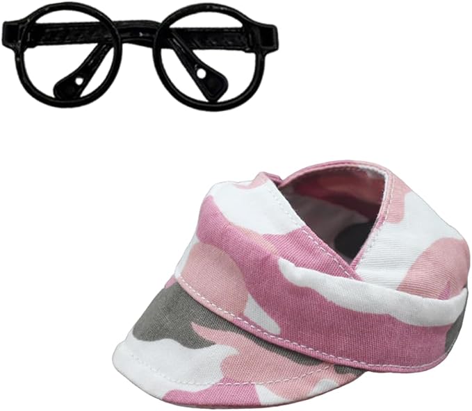 for Labubu Doll Accessories Set, 4 Colors Options Camouflage Bucket Hat and Black Sunglasses Frame(no Lenses) Casual Cap (Camouflage Pink)