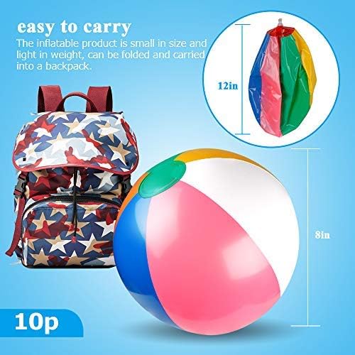 Coogam Inflatable Beach Ball Classic Rainbow Color Birthday Pool Party Favors Summer Water Toy Fun Play Beachball Game for Kid Boys Girls 8 to 12 Inches from Inflated to Deflated (10 PCS)