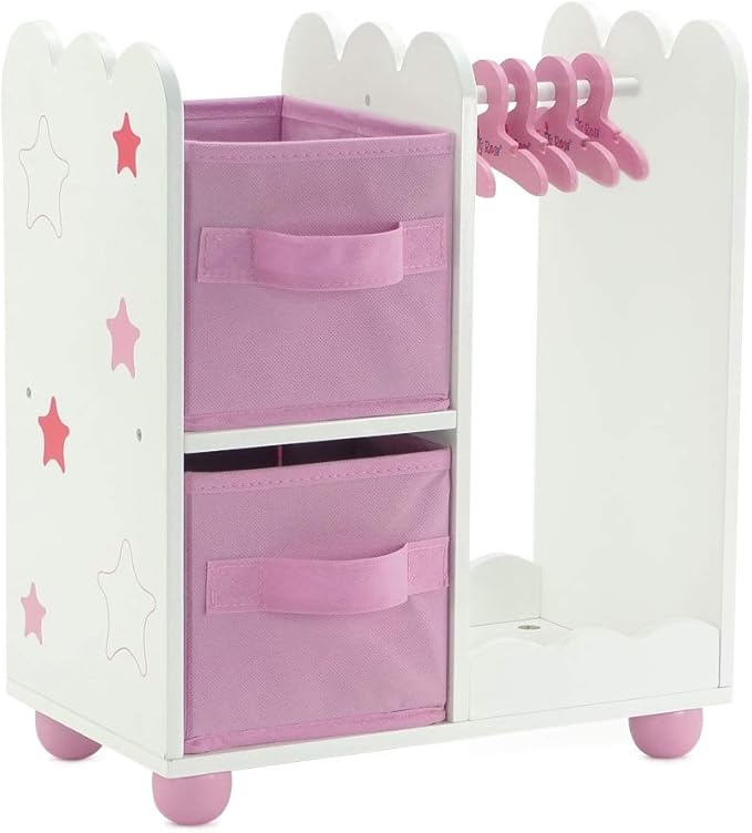 Emily Rose 14 Inch Doll Furniture - Open Wardrobe Closet with Hangers & Storage Bins - Wooden Organizer for Wellie Wishers, Glitter Girls & 14” Dolls