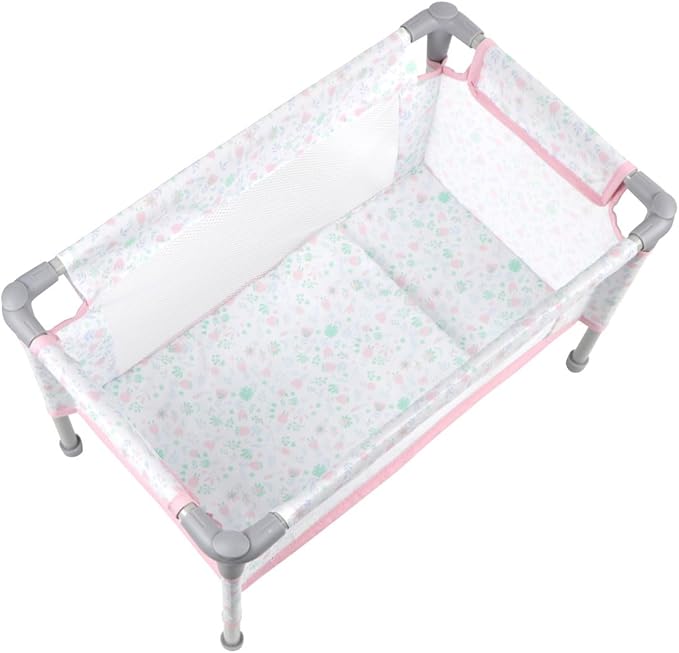JC Toys - Berenguer Boutique | Travel Folding Crib - Playpen with Accessories | Pink Floral Collection | for Dolls up to 18" | Ages 3+