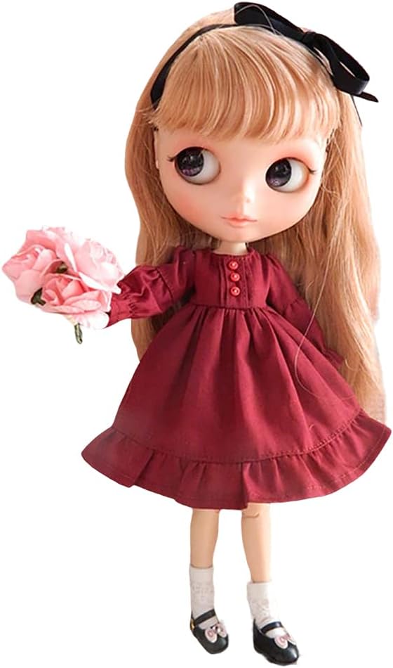 Doll Clothing Fashion Dress for Blyth,Ob24,Licca,Azone BJD Doll Clothes Toys Accessories Gifts (Wine red) (Only Clothes)