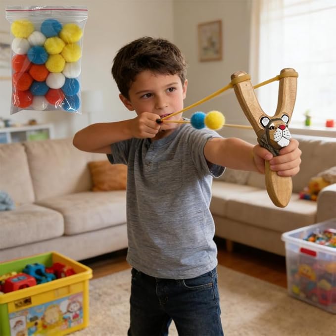 LANJAY Handmade Solid Slingshot with Personalized Carvings, Clay Balls & Pompoms, for Indoor/Outdoor Games, Hunting, Suitable for Adults & Kids