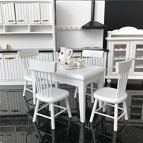 Miniature Dining Table & Chair Set for Dollhouse 1 12 Scale Wooden Furniture Model 5pcs Doll House Mini Classic Decoration Accessories DIY Hobby Gift (White)
