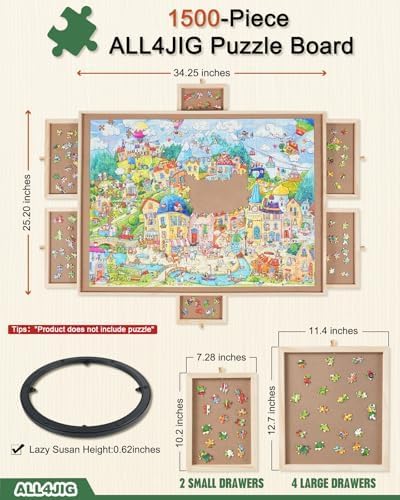 ALL4JIG 1500 Pieces Rotating Puzzle Board with 6 Drawers and Cover,25"x34"Portable Wooden Jigsaw Puzzle Table for Adults,Lazy Susan Spinning Puzzle Boards Birthday Gift for mom