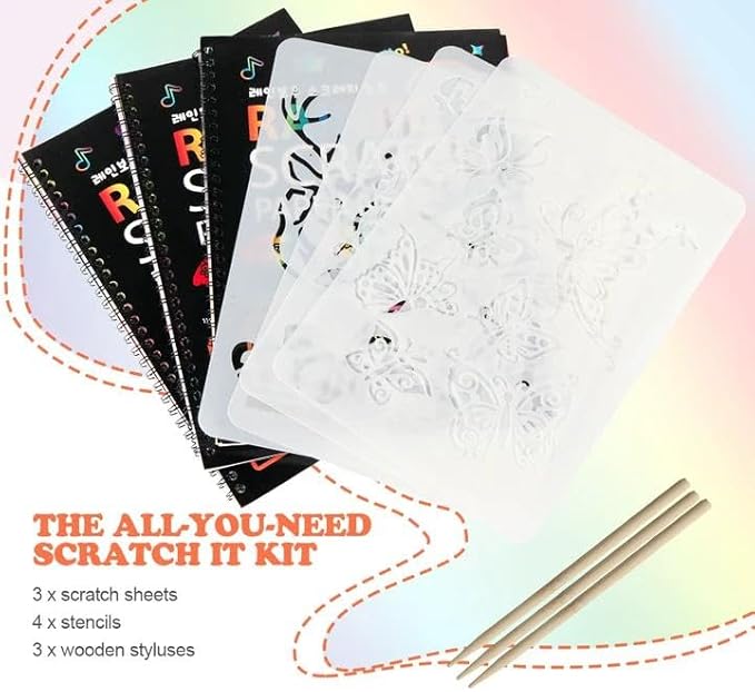 Mocoosy 3 Pack Rainbow Scratch Art Paper Notebooks, Spiral Bound Magic Scratch Pads for Kids Arts Crafts Supplies, Black Sketch Note Coloring Activity Book Easter Basket Stuffer Gifts for Girls Boys