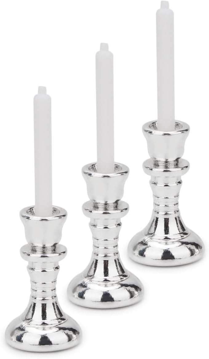 Dollhouse Miniature Candlesticks 3 PCS Candle Holder Set 1/12 Scale Vintage Candles Doll House Desk Ornament Accessories with Metal Round Base for for Fairy Garden (Silver)