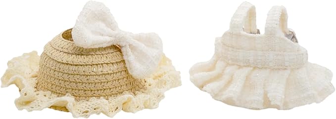 Doll Clothes for 17cm Dolls, Premium Handmade Fashion Clothes 3 Piece Set Including a Lace Hat, Clothes and Bow with High-End Dolls Accessories for Play & Display - Pure White (No Doll No Logo)