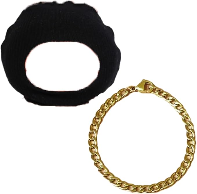 Cool Hip-Hop Outfit for 17cm Dolls - Black Knitted Balaclava Mask & Gold Chain Necklace, Funny Streetwear Costume Compatible with Vinyl Face Pendant (No Doll)(Style-1)