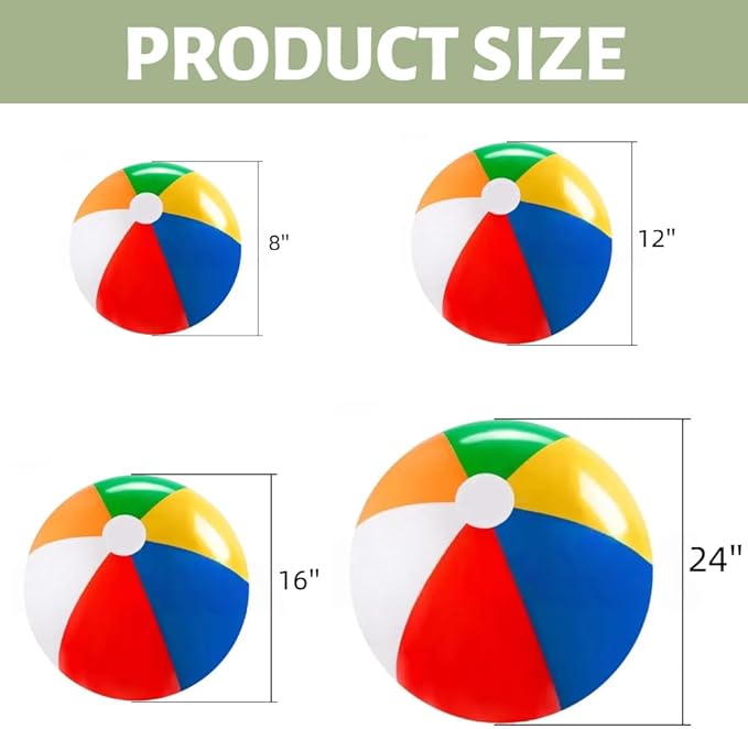 Laoha Rainbow Inflatable Beach Balls Set of 4 - Assorted Sizes 8, 12, 16, 24 Inch for Pool, Beach & Outdoor Games - Colorful Blow Up Balloons for Summer Party Decor and Water Fun