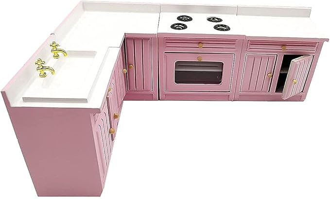 Dollhouse Decoration Accessories,1:12 Dollhouse Miniature Furniture Wooden Kitchen Cabinet Set Freely Combined (Pink)
