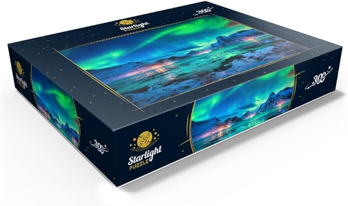 MyPuzzle Aurora Borealis Over Sea Coast, Lights At Night. Northern Lights On Lofoten Islands, Norway - Premium 300 Piece Jigsaw Puzzle for Adults
