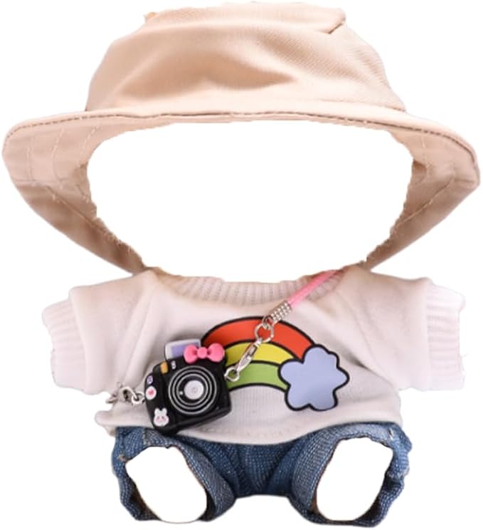 6-Piece 17cm Doll Clothes Set - Trendy Outfit with Hat, Pants, Glasses & Mini Camera, Fashion Accessories Compatible with Vinyl Face Pendant (Style F, No Doll)